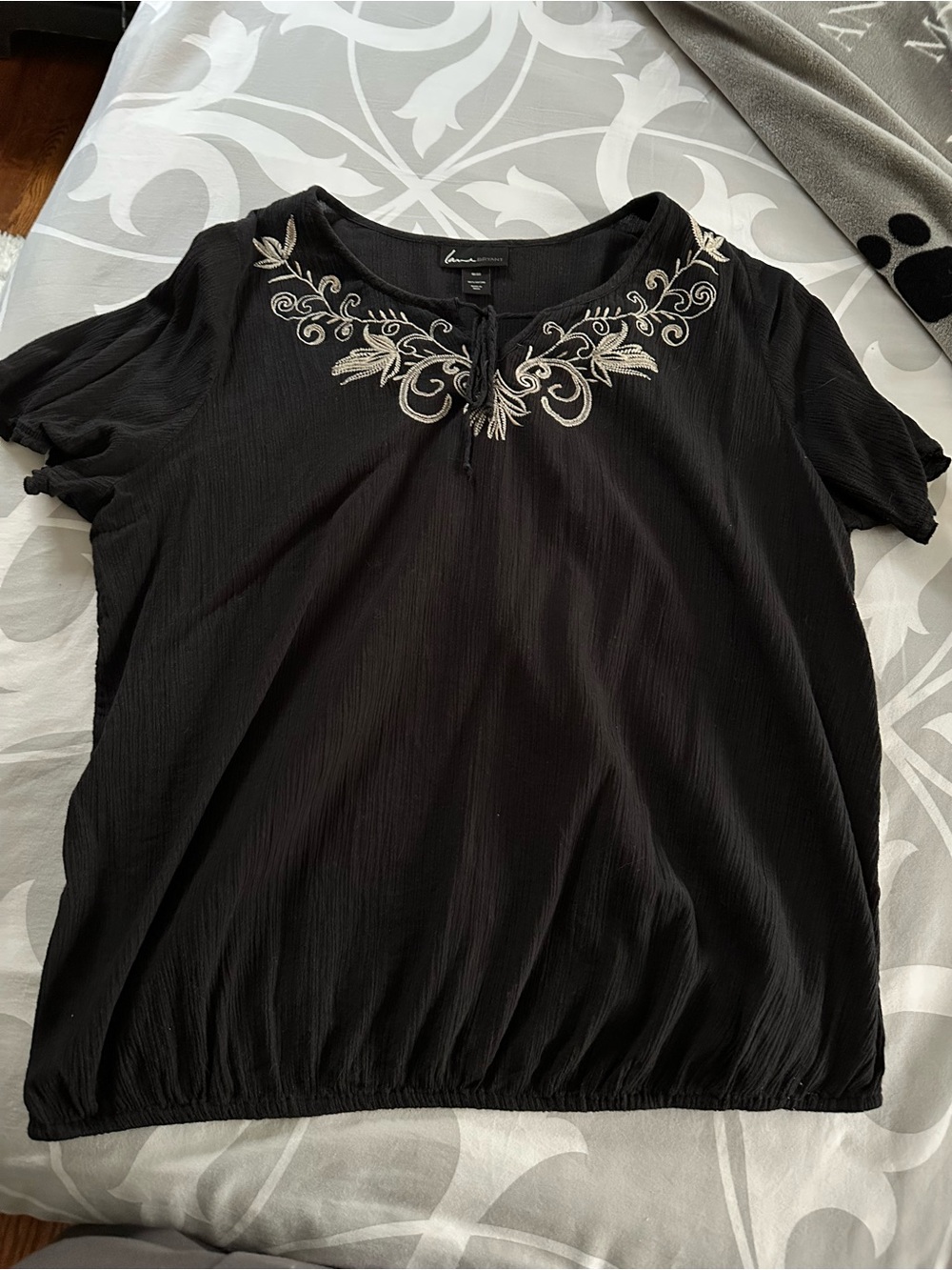 Lane Bryant Black Short-Sleeve Top with Cream Embroidered Neckline